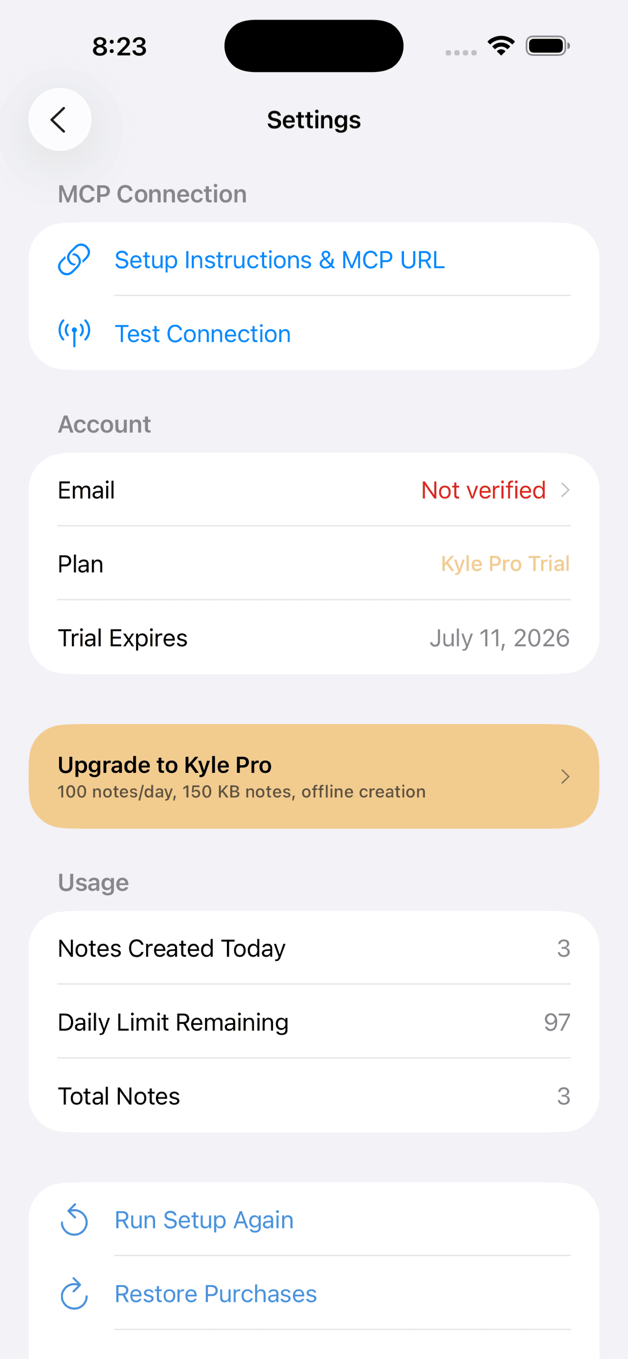Kyle settings with MCP connection and account details