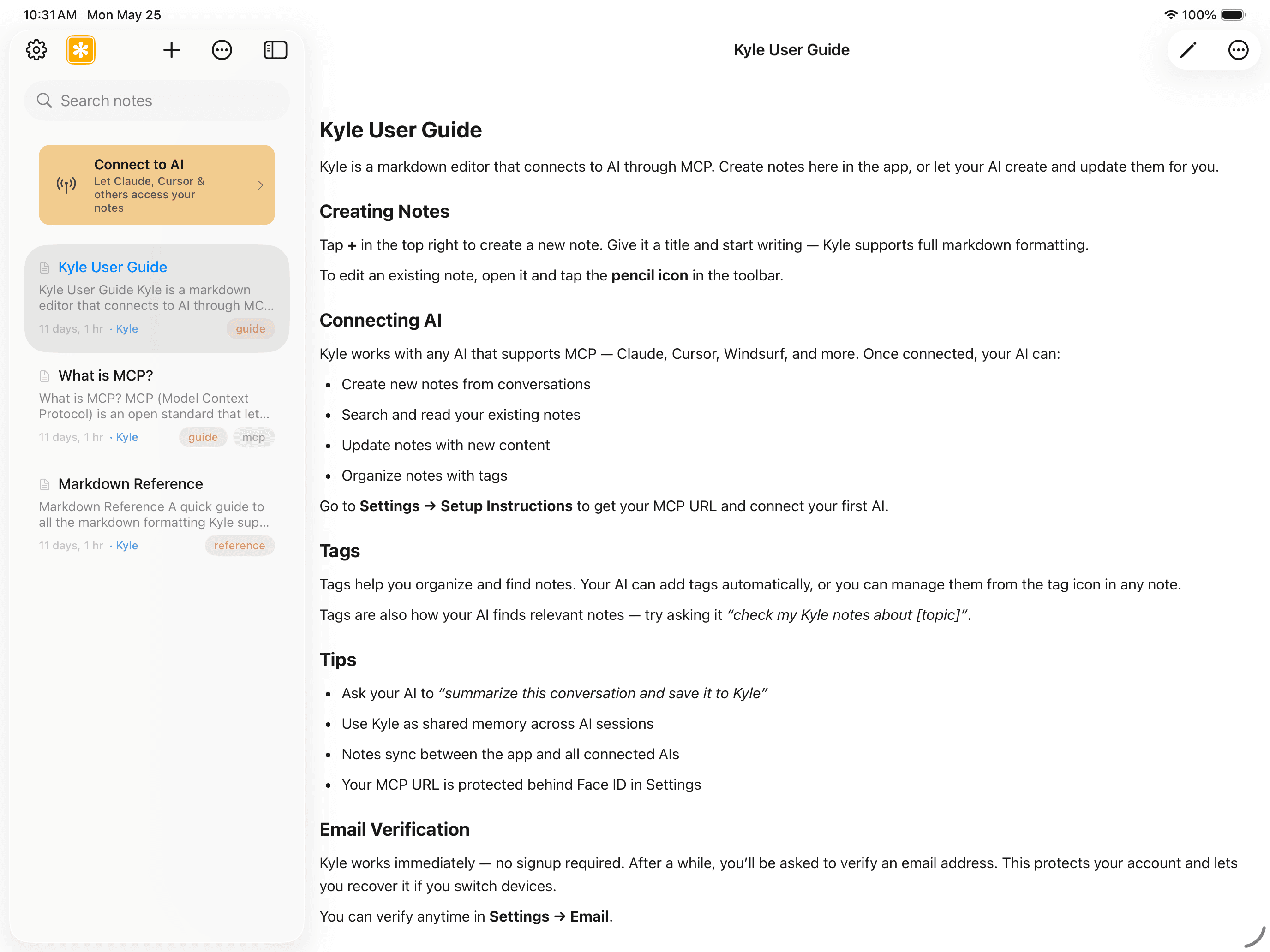 Kyle on iPad — note list and editor side by side