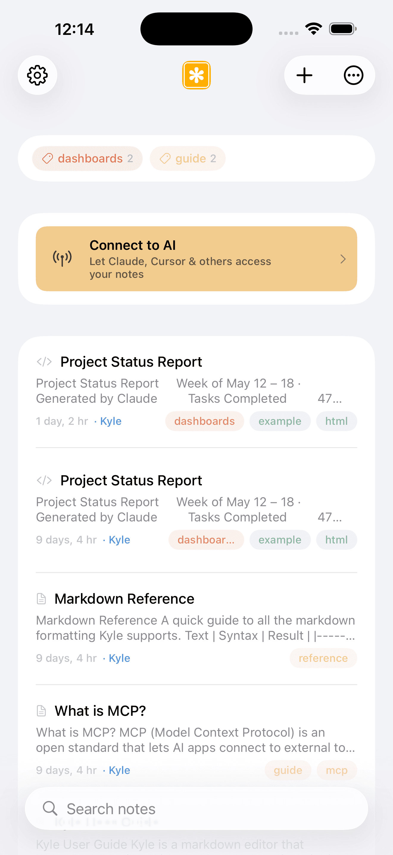 Kyle note list with tags and search
