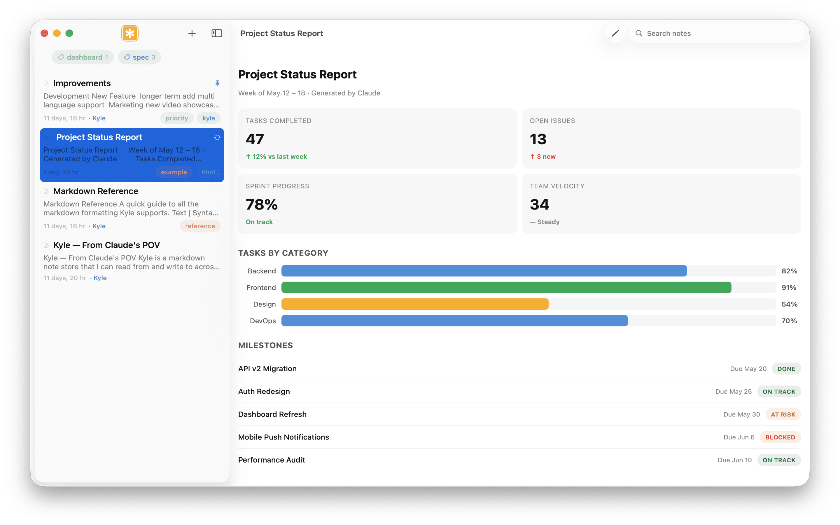 Kyle on Mac — native macOS app with sidebar